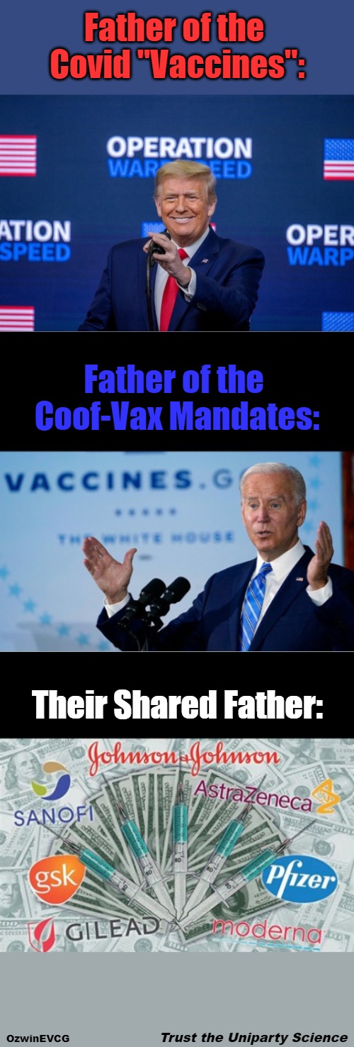 Trust the Uniparty Science | Father of the 

Covid "Vaccines":; Father of the 

Coof-Vax Mandates:; Their Shared Father:; Trust the Uniparty Science; OzwinEVCG | image tagged in joe biden,covid mandates,donald trump,covid vaccine,big pharma,vote harder | made w/ Imgflip meme maker
