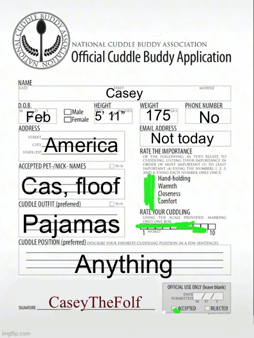 Imagine I had a bf/gf | Casey; 175; No; 5’ 11”; Feb; America; Not today; Cas, floof; Pajamas; Anything; CaseyTheFolf | image tagged in cuddle buddy application | made w/ Imgflip meme maker