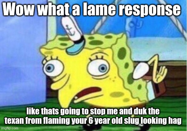 Cry about it SKIBIDISKIBIDISKIBIDISKIBIDISKIB | Wow what a lame response; like thats going to stop me and duk the texan from flaming your 6 year old slug looking hag | image tagged in memes,mocking spongebob,funny,skibidi toilet,users,cry about it | made w/ Imgflip meme maker