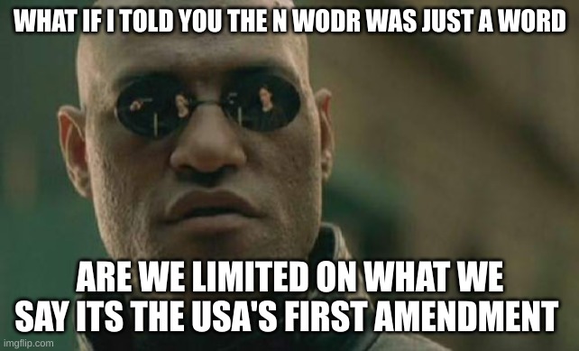? | WHAT IF I TOLD YOU THE N WODR WAS JUST A WORD; ARE WE LIMITED ON WHAT WE SAY ITS THE USA'S FIRST AMENDMENT | image tagged in memes,matrix morpheus | made w/ Imgflip meme maker
