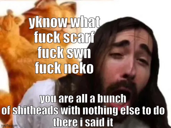 now can we all shut the fuck up im on a meme site and i see drama instead of memes | yknow what
fuck scarf
fuck swn
fuck neko; you are all a bunch of shitheads with nothing else to do
there i said it | image tagged in this is honestly | made w/ Imgflip meme maker