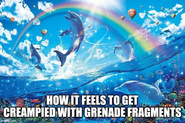 That thing BUSTED (this annoying nurse is telling me to put my device away, what a dick) | HOW IT FEELS TO GET CREAMPIED WITH GRENADE FRAGMENTS | image tagged in happy dolphin rainbow | made w/ Imgflip meme maker
