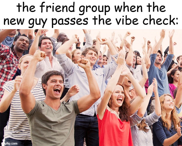 Crowd cheering | the friend group when the new guy passes the vibe check: | image tagged in crowd cheering | made w/ Imgflip meme maker