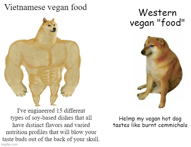 Vietnamese Vegan Food vs. Western Vegan Food | Vietnamese vegan food; Western vegan "food"; I've engineered 15 different types of soy-based dishes that all have distinct flavors and varied nutrition profiles that will blow your taste buds out of the back of your skull. Helmp my vegan hot dog tastes like burnt cemmichals | image tagged in memes,buff doge vs cheems | made w/ Imgflip meme maker
