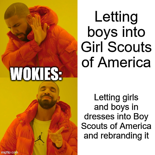 Because how dare men have their own spaces? If it were the other way around, everyone would lose their minds | Letting boys into Girl Scouts of America; WOKIES:; Letting girls and boys in dresses into Boy Scouts of America and rebranding it | image tagged in memes,drake hotline bling | made w/ Imgflip meme maker