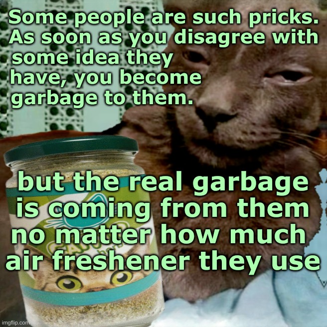 Air Freshener | Some people are such pricks.
As soon as you disagree with
some idea they                      
have, you become                  
garbage to them. but the real garbage
is coming from them
no matter how much 
air freshener they use | image tagged in shit poster 4 lyfe,division,disagree,garbage,poop,air freshener | made w/ Imgflip meme maker