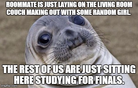 Awkward Moment Sealion Meme | ROOMMATE IS JUST LAYING ON THE LIVING ROOM COUCH MAKING OUT WITH SOME RANDOM GIRL.   THE REST OF US ARE JUST SITTING HERE STUDYING FOR FINAL | image tagged in memes,awkward moment sealion,AdviceAnimals | made w/ Imgflip meme maker
