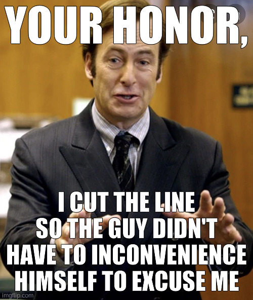 Your Honor, | YOUR HONOR, I CUT THE LINE SO THE GUY DIDN'T HAVE TO INCONVENIENCE HIMSELF TO EXCUSE ME | image tagged in your honor | made w/ Imgflip meme maker