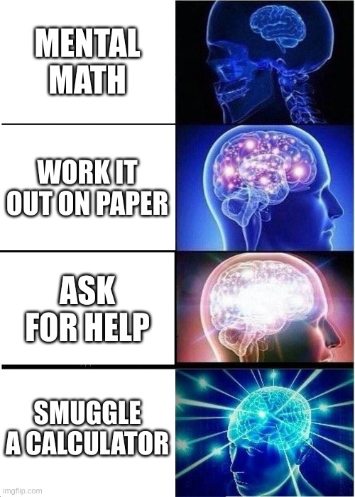 Expanding Brain Meme | MENTAL MATH; WORK IT OUT ON PAPER; ASK FOR HELP; SMUGGLE A CALCULATOR | image tagged in memes,expanding brain | made w/ Imgflip meme maker