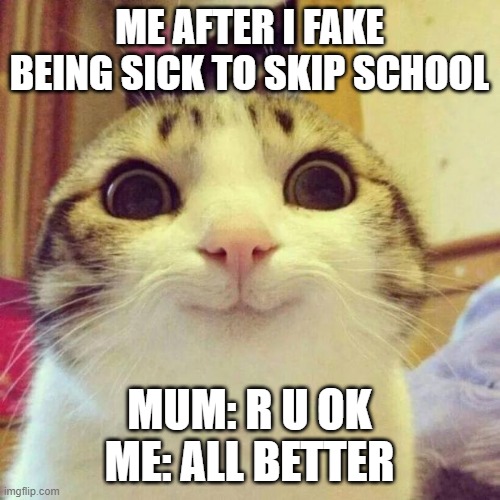 Smiling Cat | ME AFTER I FAKE BEING SICK TO SKIP SCHOOL; MUM: R U OK
ME: ALL BETTER | image tagged in memes,smiling cat | made w/ Imgflip meme maker