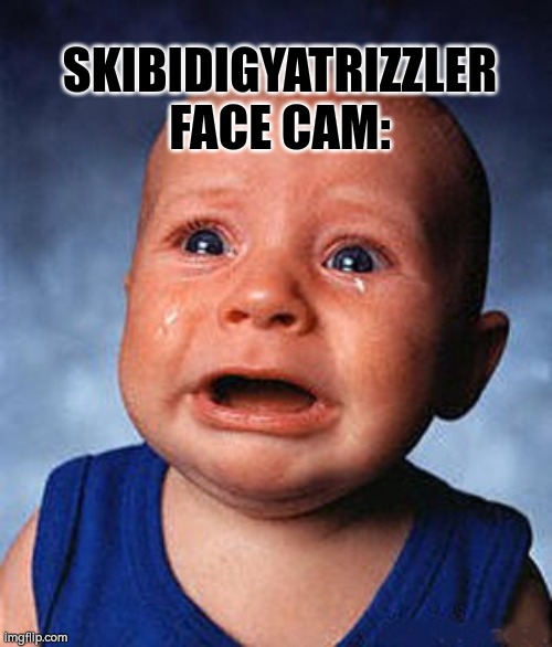 baby | SKIBIDIGYATRIZZLER FACE CAM: | image tagged in crying baby | made w/ Imgflip meme maker