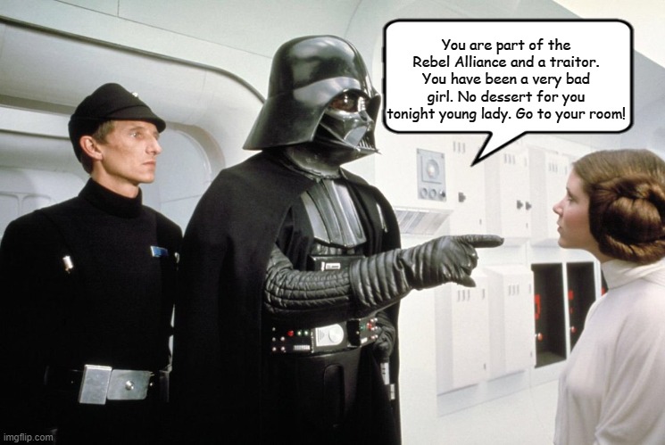Darth Vader disciplines his daughter | You are part of the Rebel Alliance and a traitor. You have been a very bad girl. No dessert for you tonight young lady. Go to your room! | image tagged in darth vader,funny | made w/ Imgflip meme maker