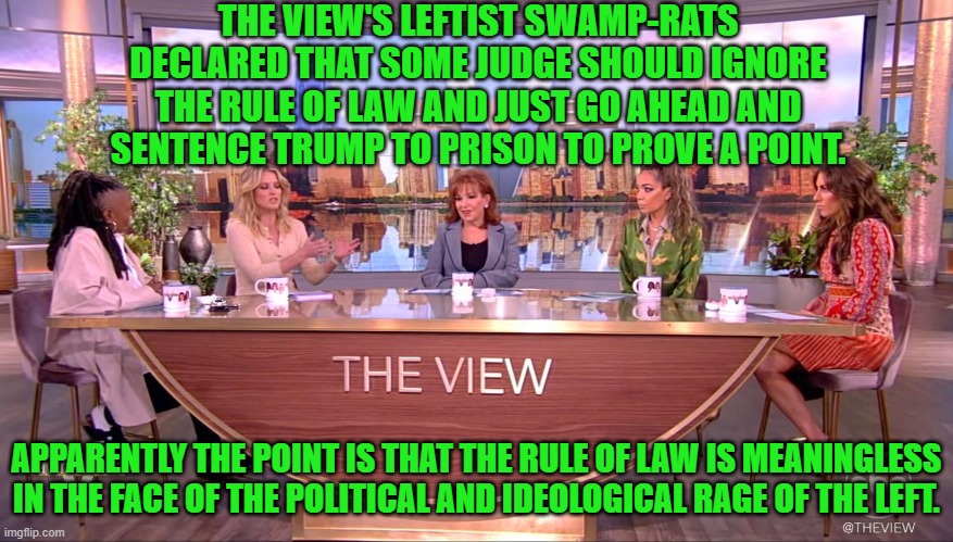 But then sane people knew that these were just political show trials from the get-go. | THE VIEW'S LEFTIST SWAMP-RATS DECLARED THAT SOME JUDGE SHOULD IGNORE THE RULE OF LAW AND JUST GO AHEAD AND SENTENCE TRUMP TO PRISON TO PROVE A POINT. APPARENTLY THE POINT IS THAT THE RULE OF LAW IS MEANINGLESS IN THE FACE OF THE POLITICAL AND IDEOLOGICAL RAGE OF THE LEFT. | image tagged in yep | made w/ Imgflip meme maker