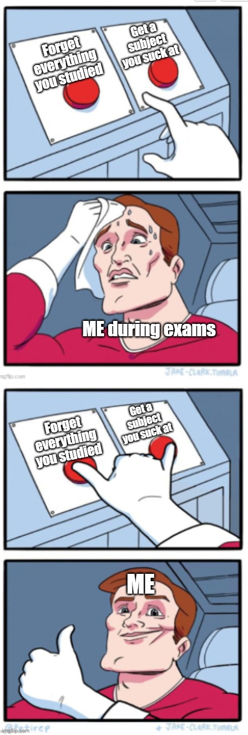 Why not both?? | Get a subject you suck at; Forget everything you studied; ME during exams; Get a subject you suck at; Forget everything you studied; ME | image tagged in two buttons full version,funny,memes,dank memes,exams,school | made w/ Imgflip meme maker
