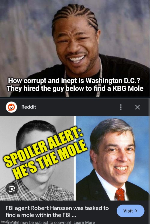 When you hire the guy (who is the spy) to find the spy | How corrupt and inept is Washington D.C.?  They hired the guy below to find a KBG Mole; SPOILER ALERT:  HE'S THE MOLE | image tagged in memes,yo dawg heard you,mole,russian hackers | made w/ Imgflip meme maker