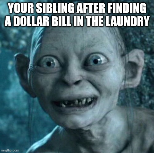 Gollum Meme | YOUR SIBLING AFTER FINDING A DOLLAR BILL IN THE LAUNDRY | image tagged in memes,gollum | made w/ Imgflip meme maker