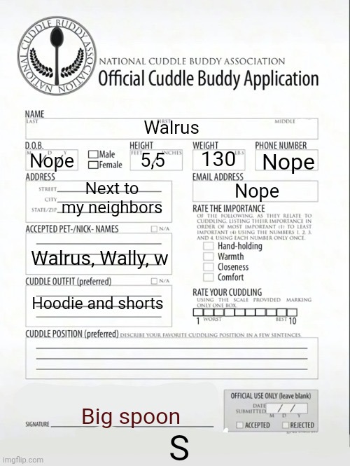 Cuddle Buddy Application | Walrus; 130; Nope; 5,5; Nope; Next to my neighbors; Nope; Walrus, Wally, w; Hoodie and shorts; Big spoon; S | image tagged in cuddle buddy application | made w/ Imgflip meme maker