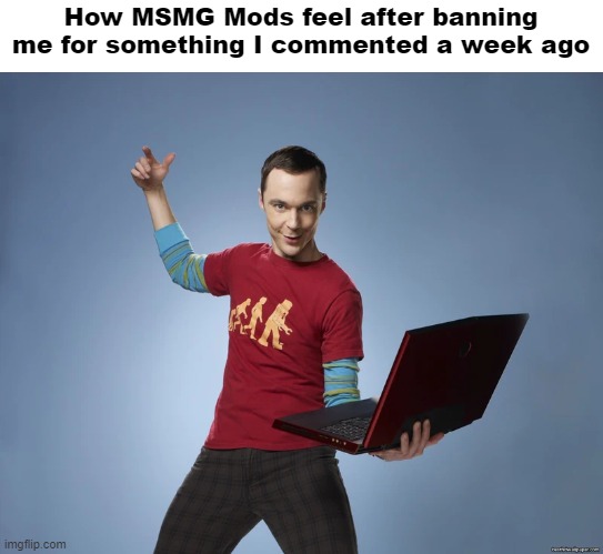 I'm back from my ban | How MSMG Mods feel after banning me for something I commented a week ago | image tagged in sheldon cooper laptop | made w/ Imgflip meme maker