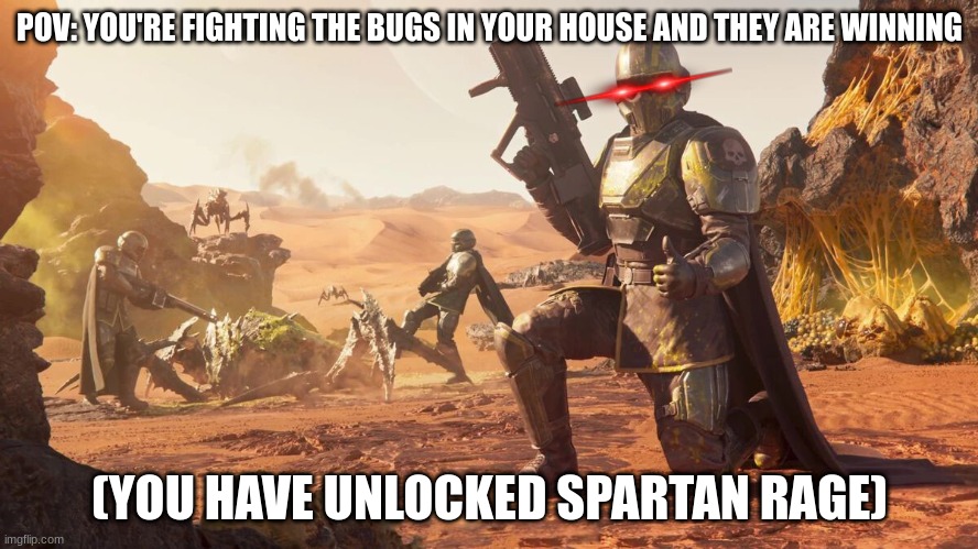 Helldivers 2 | POV: YOU'RE FIGHTING THE BUGS IN YOUR HOUSE AND THEY ARE WINNING; (YOU HAVE UNLOCKED SPARTAN RAGE) | image tagged in helldivers 2 | made w/ Imgflip meme maker