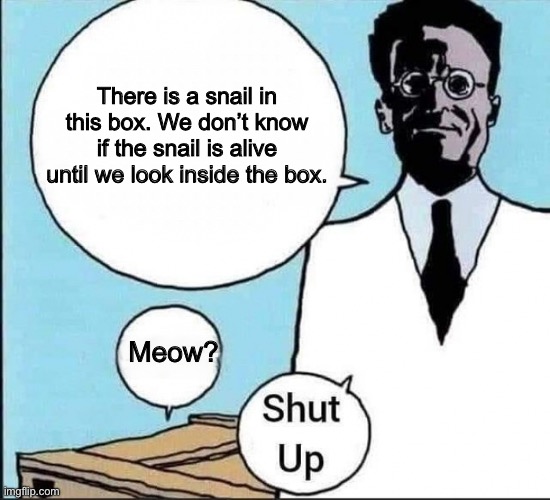 (SpongeBob snail) | There is a snail in this box. We don’t know if the snail is alive until we look inside the box. Meow? | image tagged in schr dinger's cat | made w/ Imgflip meme maker