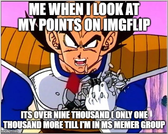 bro | ME WHEN I LOOK AT MY POINTS ON IMGFLIP; ITS OVER NINE THOUSAND ( ONLY ONE THOUSAND MORE TILL I'M IN MS MEMER GROUP | image tagged in vegeta over 9000 | made w/ Imgflip meme maker