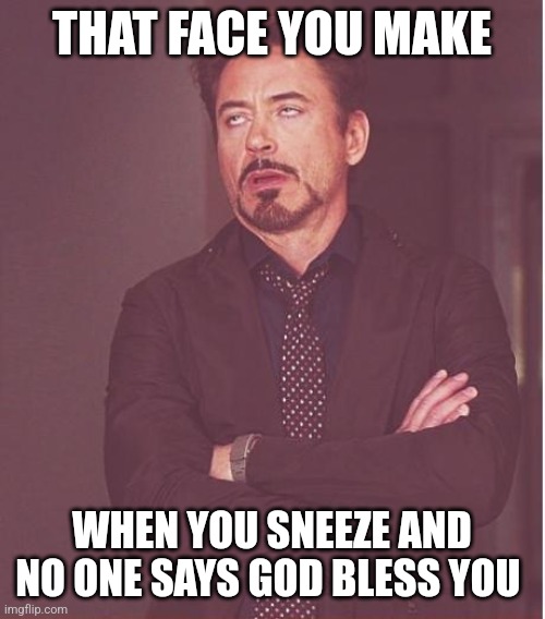 I think Ive seen it vefore | THAT FACE YOU MAKE; WHEN YOU SNEEZE AND NO ONE SAYS GOD BLESS YOU | image tagged in memes,face you make robert downey jr | made w/ Imgflip meme maker