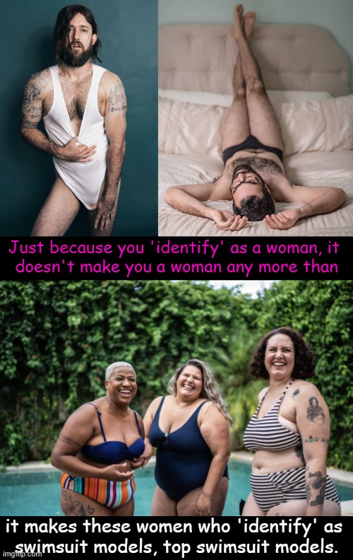 It's about being objective vs subjective | Just because you 'identify' as a woman, it 

doesn't make you a woman any more than; it makes these women who 'identify' as 
swimsuit models, top swimsuit models. | image tagged in politics,identity,gender identity,now reality can be whatever i want,gender confusion,political humor | made w/ Imgflip meme maker