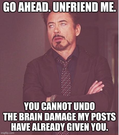 Unfriend me. | GO AHEAD. UNFRIEND ME. YOU CANNOT UNDO THE BRAIN DAMAGE MY POSTS HAVE ALREADY GIVEN YOU. | image tagged in memes,face you make robert downey jr | made w/ Imgflip meme maker
