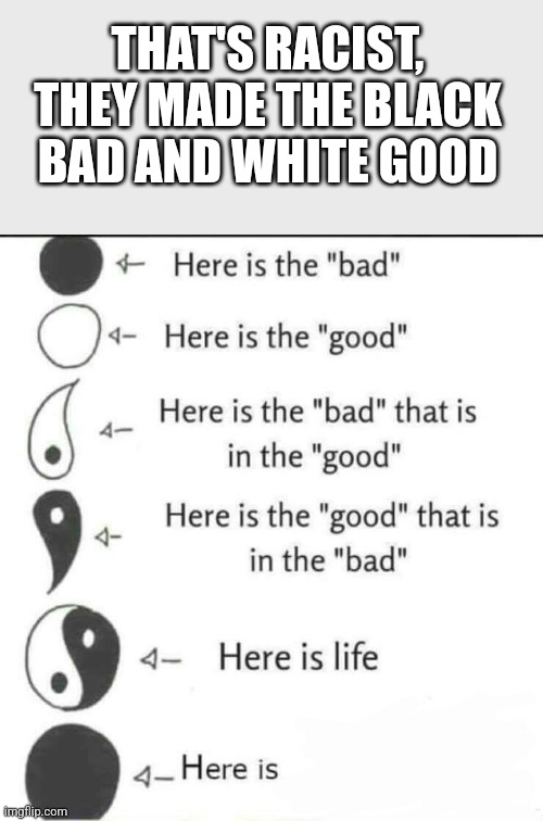 Here is the bad | THAT'S RACIST, THEY MADE THE BLACK BAD AND WHITE GOOD | image tagged in here is the bad | made w/ Imgflip meme maker