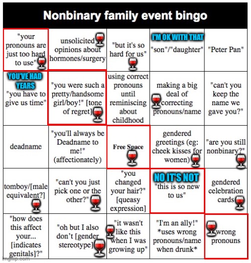 Nonbinary family event bingo | I'M OK WITH THAT; 🍷; 🍷; 🍷; YOU’VE HAD 
YEARS; 🍷; 🍷; 🍷; 🍷; 🍷; NO IT'S NOT; 🍷; 🍷; 🍷; 🍷; 🍷; 🍷 | image tagged in nonbinary family event bingo,nonbinary,lgbtq,bingo,family,pronouns | made w/ Imgflip meme maker