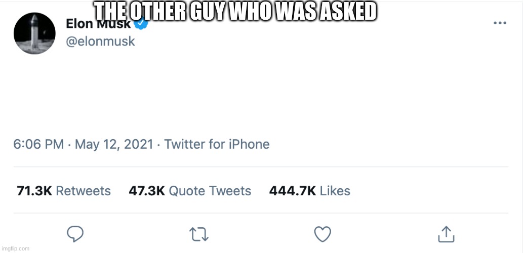 THE OTHER GUY WHO WAS ASKED | image tagged in elon musk blank tweet | made w/ Imgflip meme maker