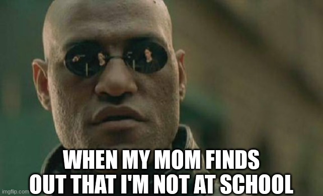 mm | WHEN MY MOM FINDS OUT THAT I'M NOT AT SCHOOL | image tagged in memes,matrix morpheus | made w/ Imgflip meme maker