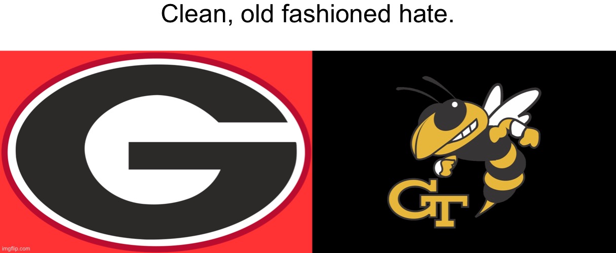 Who’s Ramblin Reck is real? | Clean, old fashioned hate. | image tagged in georgia tech yellow jackets,georgia bulldogs,rivals,rivalry,uga and hairy dawg,buzz | made w/ Imgflip meme maker