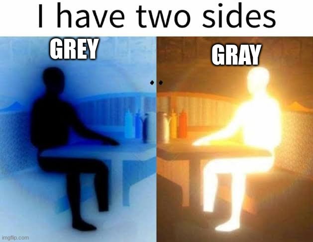 I have two sides | GREY; GRAY | image tagged in i have two sides | made w/ Imgflip meme maker
