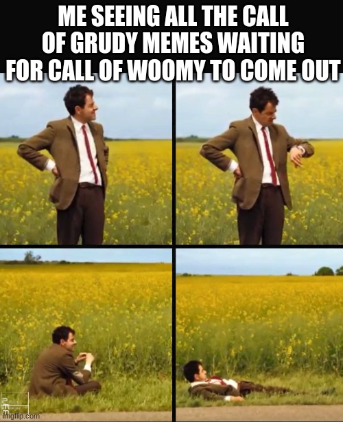 Mr bean waiting | ME SEEING ALL THE CALL OF GRUDY MEMES WAITING FOR CALL OF WOOMY TO COME OUT | image tagged in mr bean waiting | made w/ Imgflip meme maker