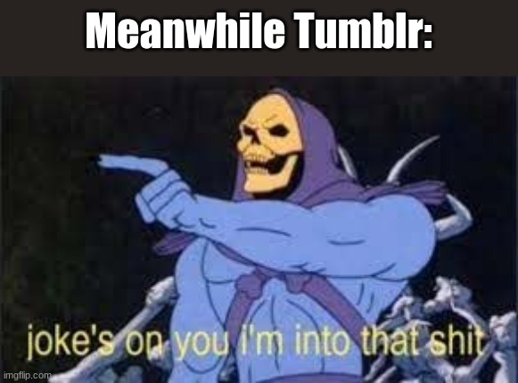 Jokes on you im into that shit | Meanwhile Tumblr: | image tagged in jokes on you im into that shit | made w/ Imgflip meme maker