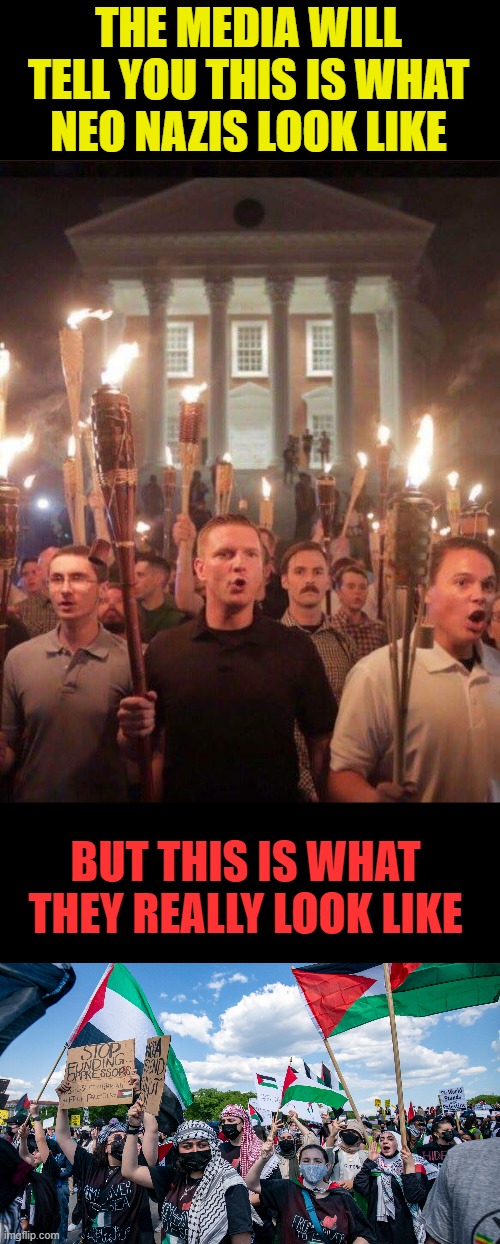 100% | THE MEDIA WILL TELL YOU THIS IS WHAT NEO NAZIS LOOK LIKE; BUT THIS IS WHAT THEY REALLY LOOK LIKE | image tagged in tiki torch racist,democrats,neo-nazis | made w/ Imgflip meme maker