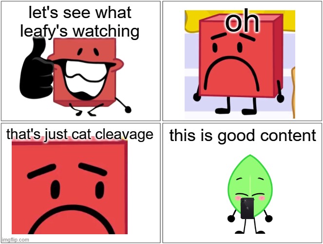 Blank Comic Panel 2x2 Meme | let's see what leafy's watching oh that's just cat cleavage this is good content | image tagged in memes,blank comic panel 2x2 | made w/ Imgflip meme maker