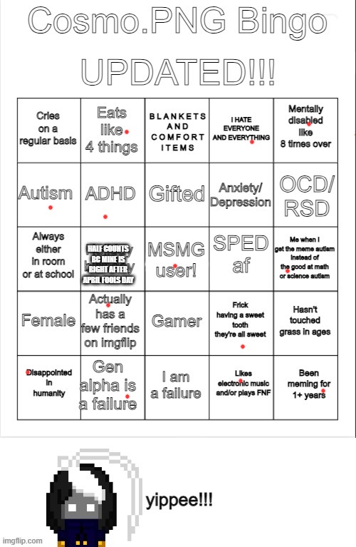 Cosmo.PNG Bingo UPDATED | HALF COUNTS BC MINE IS RIGHT AFTER APRIL FOOLS DAY | image tagged in cosmo png bingo updated | made w/ Imgflip meme maker