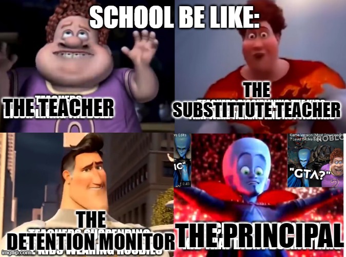 Our childhood nightmares | SCHOOL BE LIKE:; THE SUBSTITTUTE TEACHER; THE TEACHER; THE DETENTION MONITOR; THE PRINCIPAL | image tagged in snotty boy glow up,megamind | made w/ Imgflip meme maker