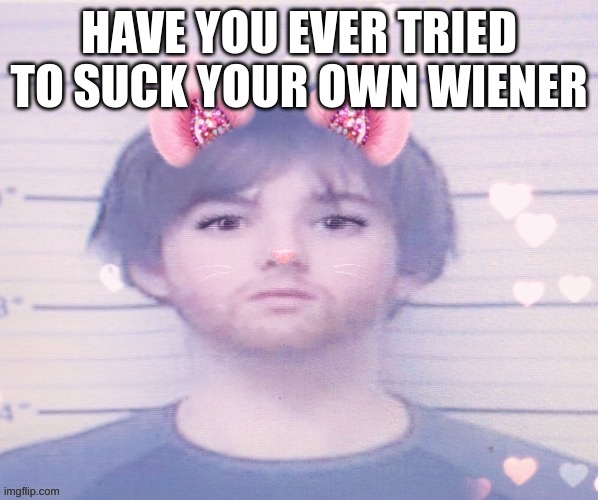 any boy over the age of 13 who says no is a liar. | HAVE YOU EVER TRIED TO SUCK YOUR OWN WIENER | image tagged in lazymazy mugshot but he's a femboy | made w/ Imgflip meme maker