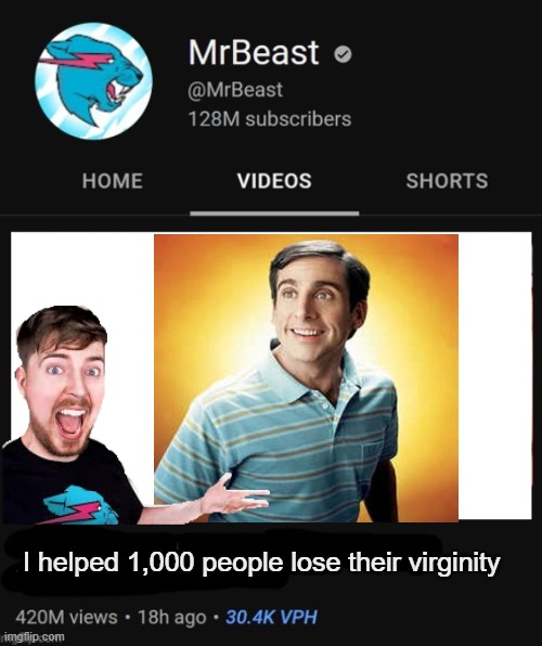 MrBeast thumbnail template | I helped 1,000 people lose their virginity | image tagged in mrbeast thumbnail template | made w/ Imgflip meme maker
