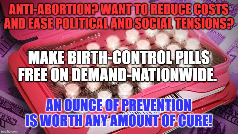 An investment in lower welfare, school and other costs. | ANTI-ABORTION? WANT TO REDUCE COSTS AND EASE POLITICAL AND SOCIAL TENSIONS? MAKE BIRTH-CONTROL PILLS FREE ON DEMAND-NATIONWIDE. AN OUNCE OF PREVENTION IS WORTH ANY AMOUNT OF CURE! | image tagged in birth control | made w/ Imgflip meme maker