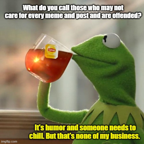 Kermit drinking tea | What do you call those who may not care for every meme and post and are offended? It's humor and someone needs to chill. But that's none of my business. | image tagged in but that's none of my business,kermit the frog | made w/ Imgflip meme maker