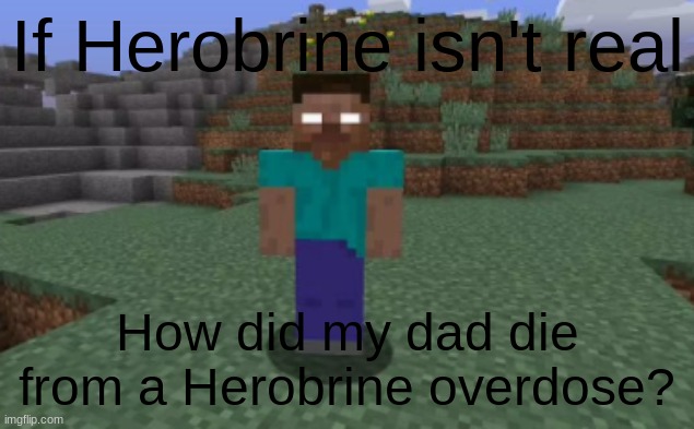 Insert title | If Herobrine isn't real; How did my dad die from a Herobrine overdose? | image tagged in herobrine,overdose | made w/ Imgflip meme maker