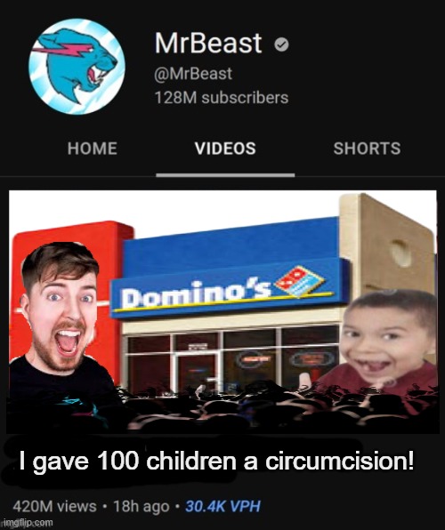 MrBeast thumbnail template | I gave 100 children a circumcision! | image tagged in mrbeast thumbnail template | made w/ Imgflip meme maker