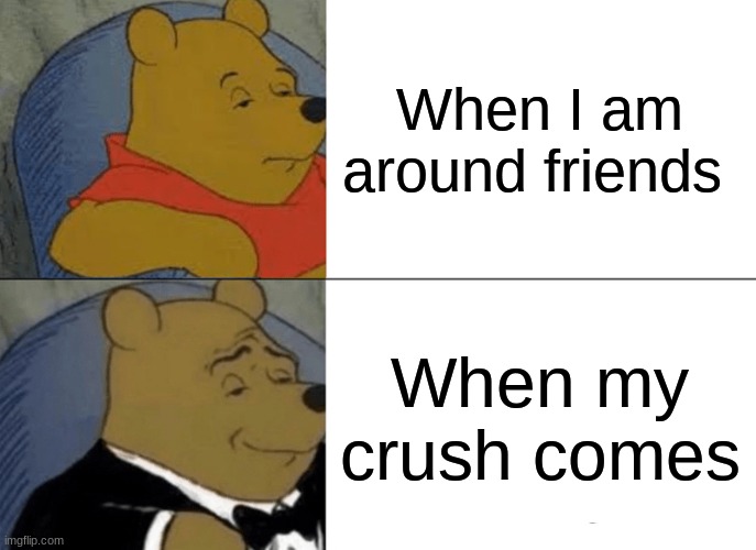 Tuxedo Winnie The Pooh | When I am around friends; When my crush comes | image tagged in memes,tuxedo winnie the pooh | made w/ Imgflip meme maker