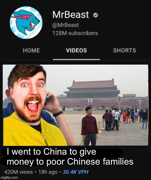MrBeast thumbnail template | I went to China to give money to poor Chinese families | image tagged in mrbeast thumbnail template,mrbeast | made w/ Imgflip meme maker