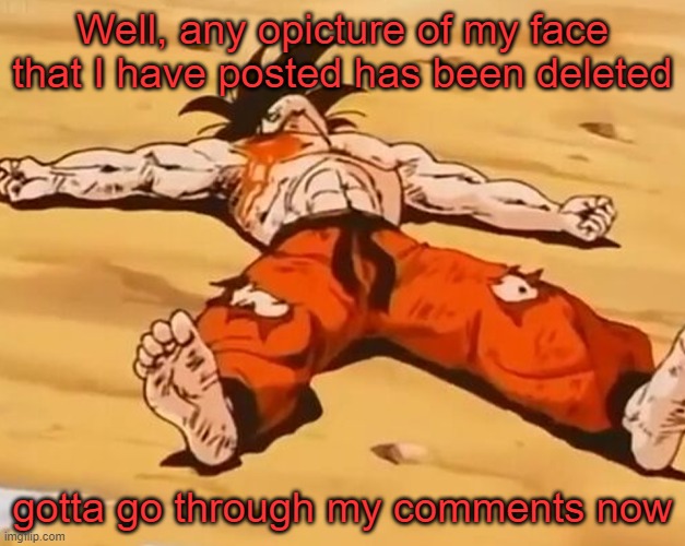 Spent 45 minutes just to do that | Well, any opicture of my face that I have posted has been deleted; gotta go through my comments now | image tagged in dead goku he is ded | made w/ Imgflip meme maker