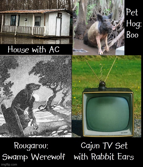 How I spent the weekend: reading about Rougarou w/ my pet Boo | image tagged in vince vance,swamp,bayou,rabbit ears,louisiana,cajun | made w/ Imgflip meme maker